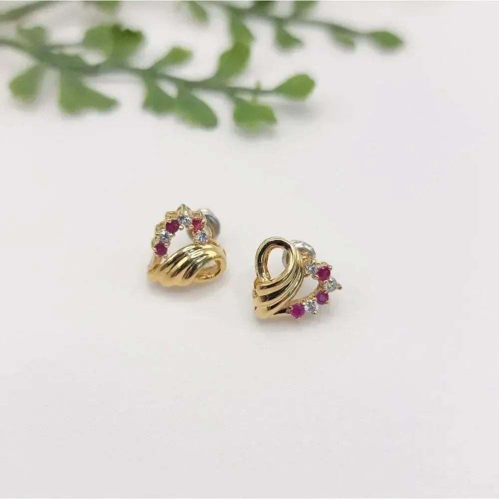 Heart Shaped Plated Gold Stud Earrings with Cubic Zirconia Stones